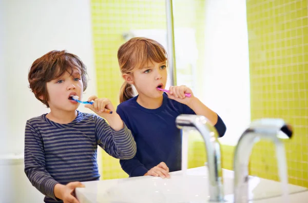 Han enseñado bien. Un disparo de un hermano y una hermana cepillándose los dientes en casa. — Foto de Stock