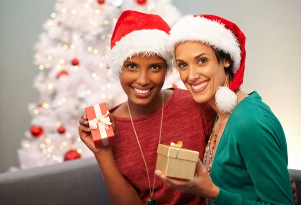 Me pregunto qué me habrá comprado. Retrato de dos amigos emocionados sosteniendo sus regalos de Navidad. —  Fotos de Stock