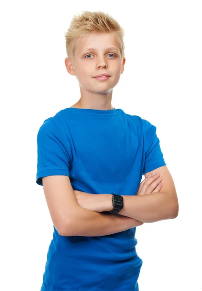 Hij heeft een coole stijl. Studio portret van een blonde tiener jongen tegen een witte achtergrond. — Stockfoto