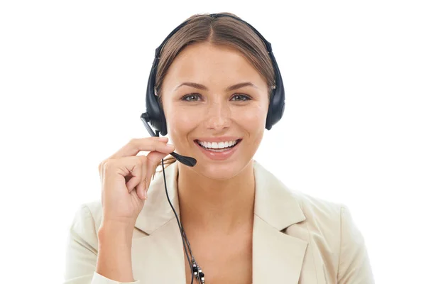 What seems to be the problem. A beautiful young female operator wearing a headset isolated on a white background. — Stock Photo, Image