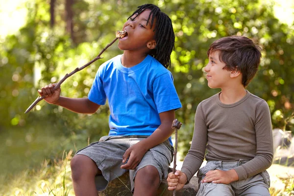 Wie herinnert zich zijn eerste marshmallow niet. Kinderen genieten van geroosterde marshmallows op zomerkamp. — Stockfoto