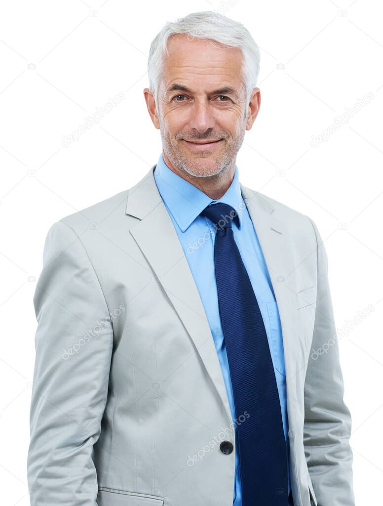 Clients trust him. Studio portrait of a mature businessman isolated on white.