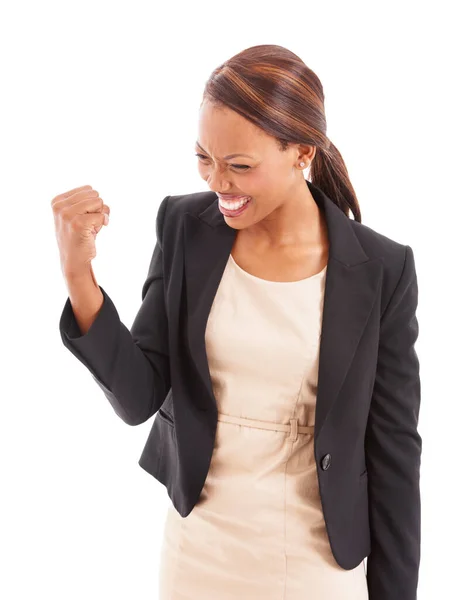 Éxito. Una sonriente mujer étnica corporativa con el puño en el aire. —  Fotos de Stock