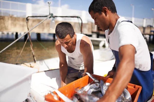 Je to těžká práce být rybářem. Vystřižený snímek dvou rybářů na jejich lodi s rybami, které ulovili. — Stock fotografie