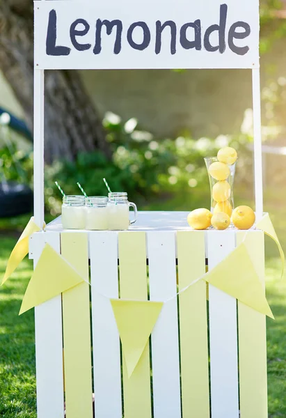 Summertime is the perfect opportunity to open a lemonade stand. Still life shot of a lemonade stand outside. — Stock Photo, Image