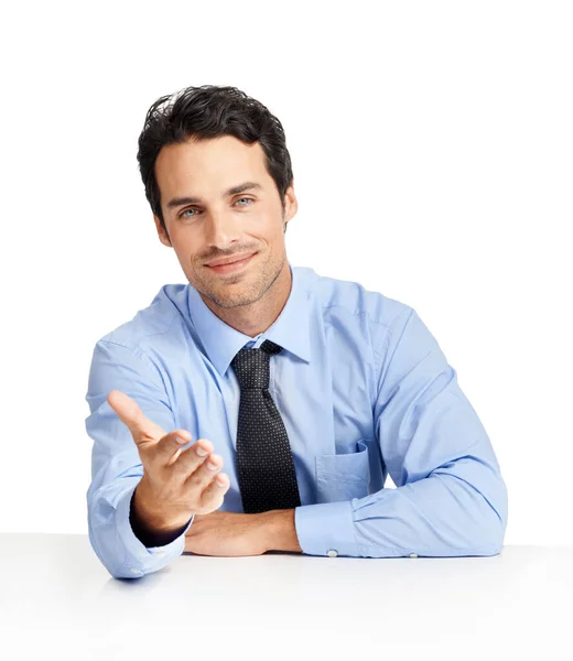 Expressing himself in the business world. A handsome smiling businessman isolated on white. — Stock Photo, Image