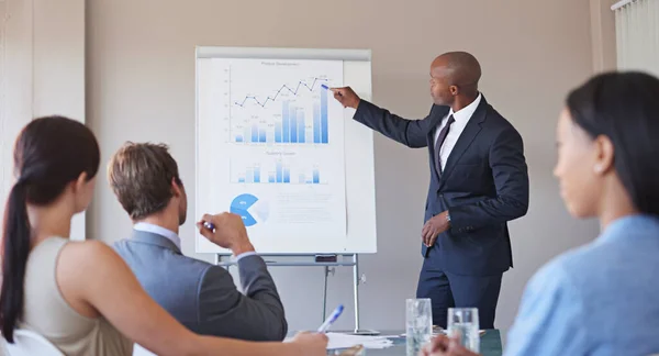 Prevendo os seus ganhos. Tiro de um gerente de negócios apresentando dados financeiros para seus colegas durante uma reunião. — Fotografia de Stock