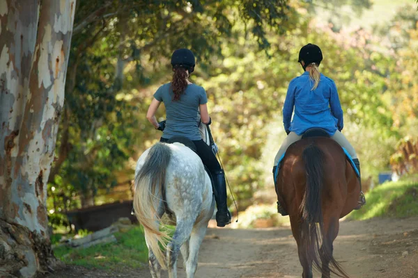 Mit ihren Pferden hinaus in die Wildnis. Rückansicht zweier Frauen, die gemeinsam auf ihren Pferden reiten. — Stockfoto
