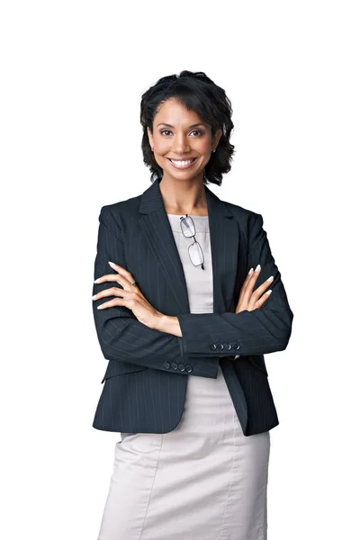 El éxito se basa en la confianza. Retrato de estudio de una exitosa mujer de negocios posando sobre un fondo blanco. — Foto de Stock