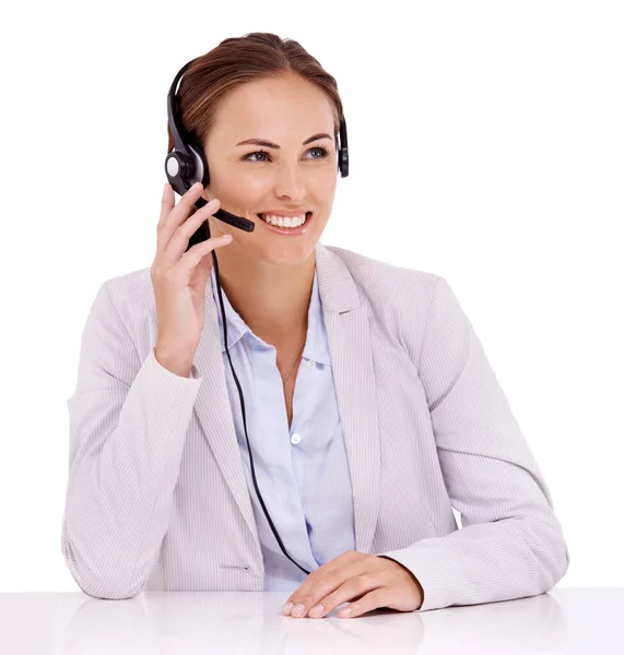 Ready to assist with your query. Professional call center agent working while wearing a headset - isolated on white. — Stock Photo, Image