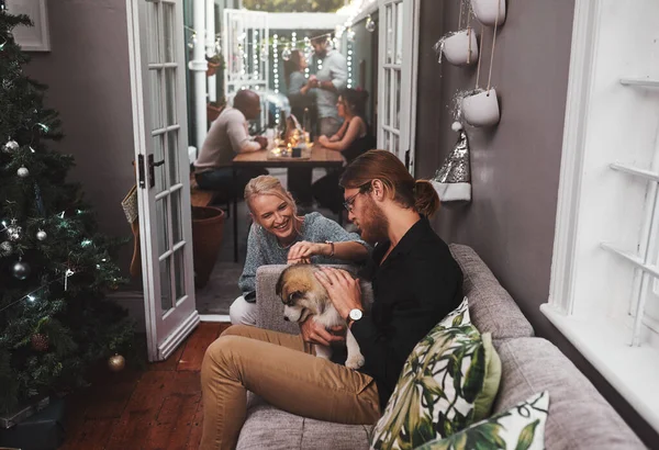 Bizde kalabilir mi? İki neşeli arkadaşın Noel zamanı evdeki oturma odasında bir köpek yavrusuyla takıldığı sahneler.. — Stok fotoğraf
