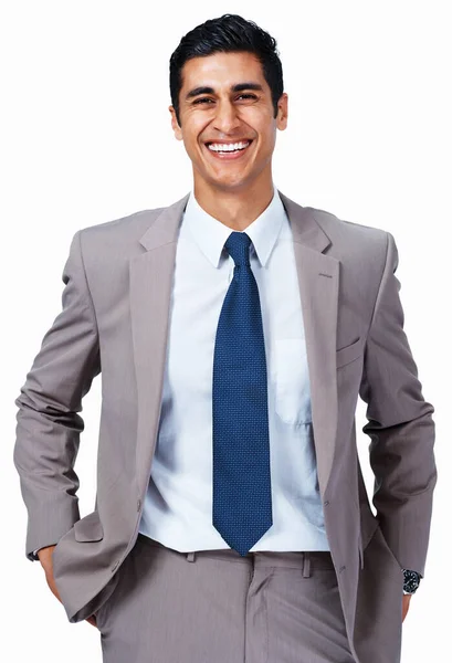 Un hombre de negocios alegre. Retrato de joven hombre de negocios alegre sonriendo sobre fondo blanco. —  Fotos de Stock