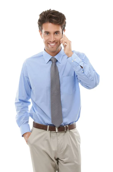 Clareza do telemóvel. Estúdio de um jovem empresário usando um celular isolado no branco. — Fotografia de Stock