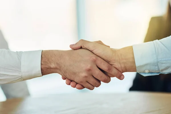 Welcome aboard to the best in business. Cropped shot of two businessmen shaking hands in a modern office. — Stock Photo, Image