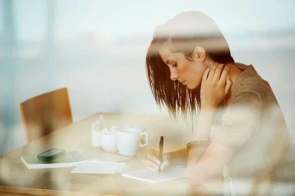 Holde dagboken oppdatert. Ja. Attraktiv ung kvinne som skriver dagbok i en kaffebar. stockbilde