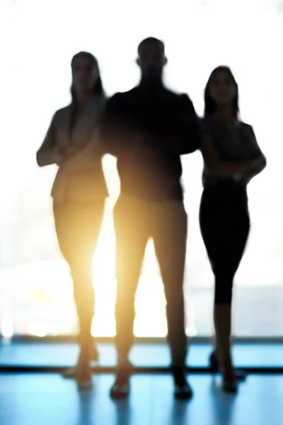 Alzati e punta più in alto. Silhouette di un gruppo di imprenditori fiduciosi riuniti in un ufficio. — Foto Stock