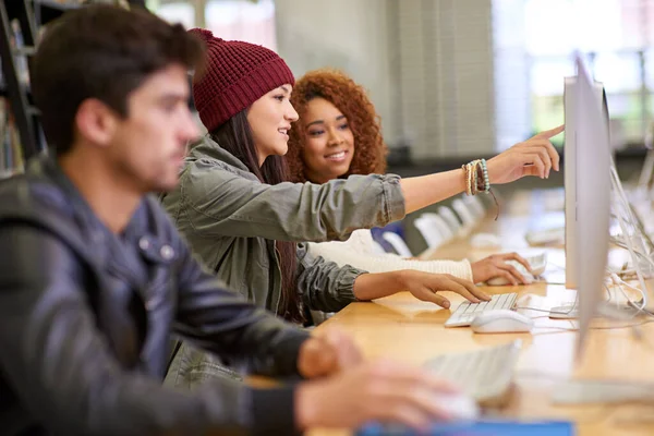 Wir könnten das in unseren Auftrag einbeziehen... Aufnahmen von Studenten, die in einer Universitätsbibliothek an Computern arbeiten. — Stockfoto