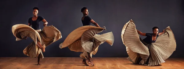Libertà in movimento. Montaggio di un ballerino con posa scenica fluente. — Foto Stock