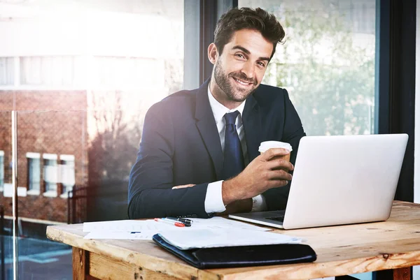Não é um trabalho quando se ama o que se faz. Retrato recortado de um belo jovem empresário trabalhando em seu laptop no escritório. — Fotografia de Stock