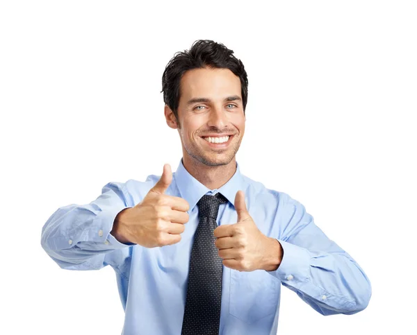 Expressando-se no mundo dos negócios. Um belo homem de negócios sorridente isolado no branco. — Fotografia de Stock