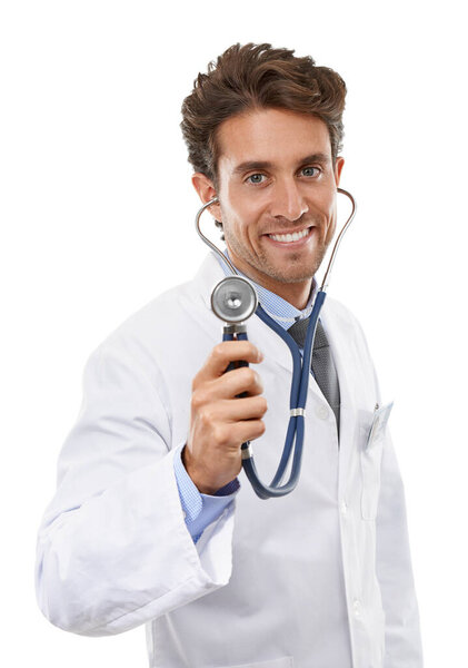 Take a deep breath. Studio portrait of a young doctor holding up his stethoscope to the camera.