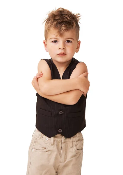 J'en ai pas envie. Un petit garçon mignon posant sur un fond blanc. — Photo
