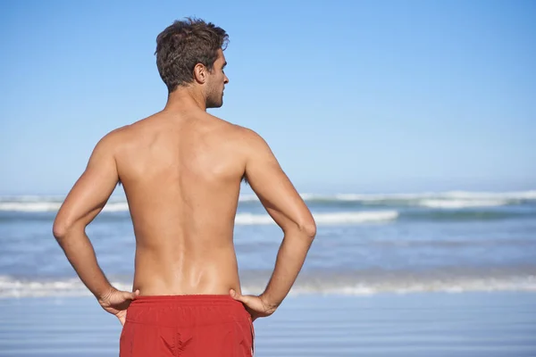 Mi assicuro che la costa sia libera. Vista posteriore di un bagnino maschio che guarda l'oceano. — Foto Stock
