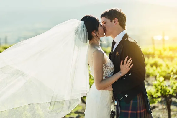 Momentos ternos. Tiro de uma noiva alegre e noivo compartilhando um beijo juntos fora ao lado de vinhas durante o dia. — Fotografia de Stock