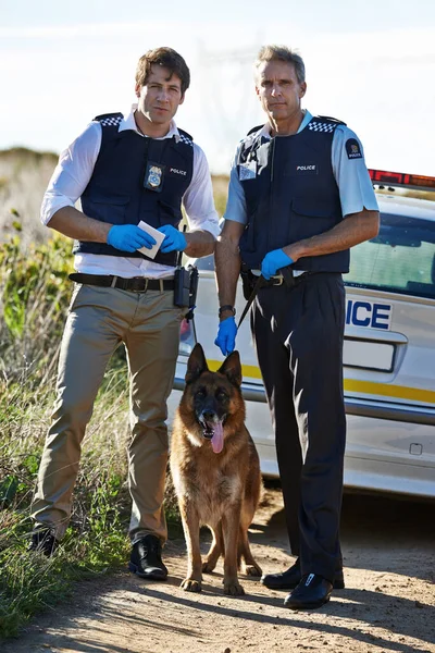 我们带了最好的侦探来。两个警察和他们的狗的全长肖像. — 图库照片