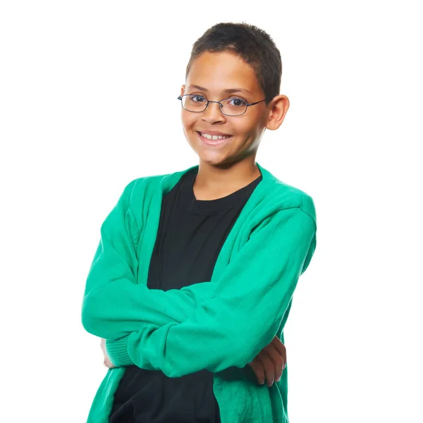 Way to cool for school. Shot of a confident young boy standing with his arms folded in studio. — Stock Photo, Image