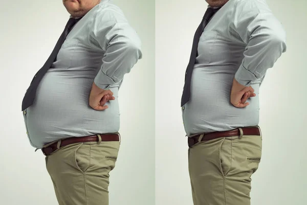 Daha az şişman, daha çok ben. Bir iş adamının kilo verme çekiminden önce ve sonra.. — Stok fotoğraf