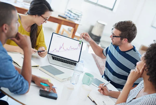 Gráficando el crecimiento de las compañías. Fotografía de un grupo de jóvenes diseñadores trabajando en una oficina. — Foto de Stock