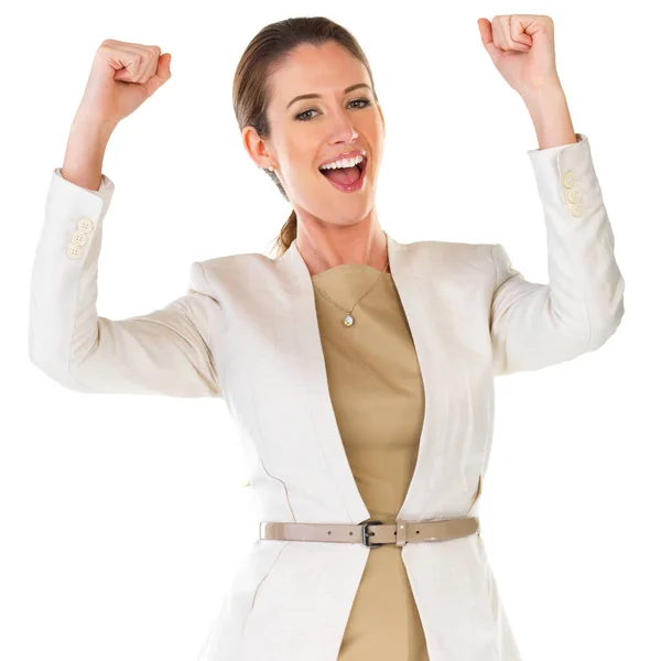 Another great day in business. Studio portrait of a young businesswoman cheering solated on white. — Stock Photo, Image