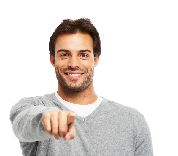 I want you. A handsome young man pointing at you against a white background. — Stock Photo, Image