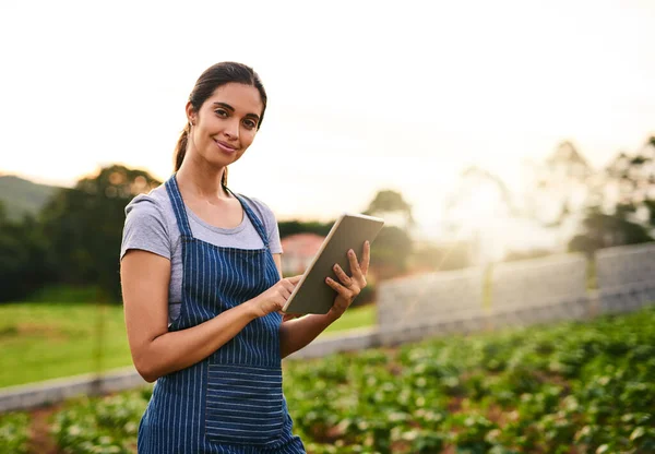 我找到了一个非常棒的农场管理应用程序。一个年轻貌美的女人在农场工作时使用平板电脑的肖像. — 图库照片