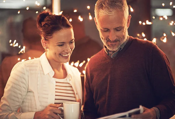 I think its ready. Cropped shot of two colleagues working late at the office. — Stock Photo, Image