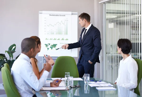 Highlighting their game plan. Shot of a businessman presenting data to his colleagues in the boardroom. — Stock Photo, Image
