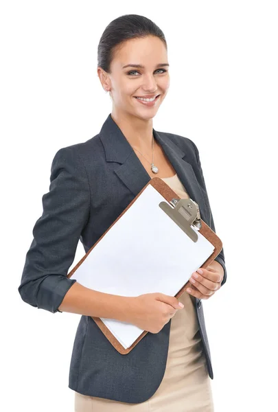 Aufsteigender Stern im Büro. Studioporträt einer selbstbewussten jungen Büroangestellten isoliert auf Weiß. — Stockfoto