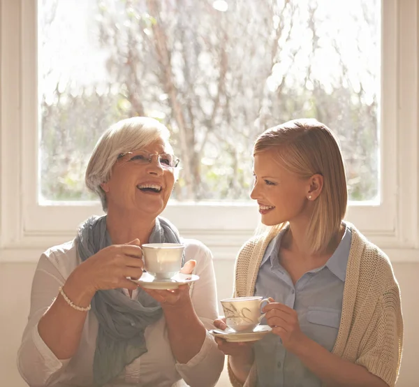 En kärleksträdgård växer i ett mormors hjärta. Beskuren bild av en attraktiv ung kvinna som besöker sin mormor för te. — Stockfoto