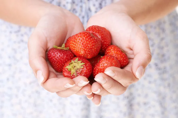 Haciendo una ofrenda de fresa. Imagen recortada manos de una mujer sosteniendo un montón de fresas. —  Fotos de Stock