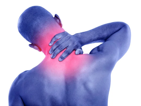 Neck pain. Rear view shot of a man holding onto his sore neck. — Stock Photo, Image