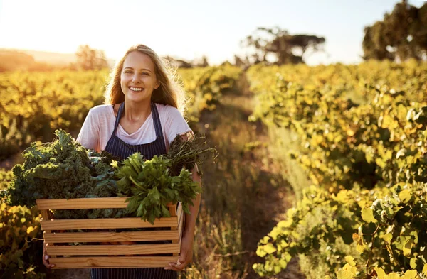 Plné zelené dobroty. Oříznutý portrét atraktivní mladé ženy držící bednu plnou čerstvě sklizených produktů na farmě. — Stock fotografie