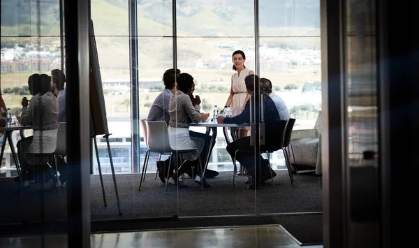 Es una reunión de las mentes. Fotografía de una mujer de negocios dando una presentación a un grupo de colegas en una sala de juntas. — Foto de Stock