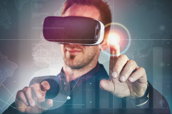 Embrace technology, embrace opportunity. Studio shot of a handsome young businessman using a vr headset against a digitally imposed background.