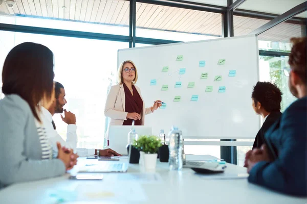 Idee ed esecuzione portano a grandi imprese. Girato di imprenditori aziendali che si riuniscono nella sala del consiglio di amministrazione al lavoro. — Foto Stock