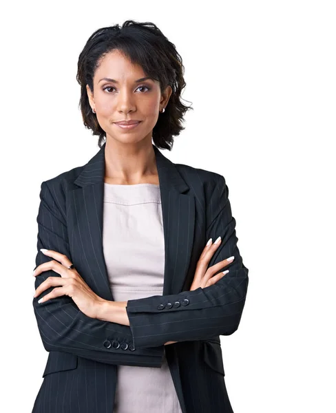 E 'un amministratore fiducioso. Studio ritratto di una donna d'affari di successo in posa su uno sfondo bianco. — Foto Stock