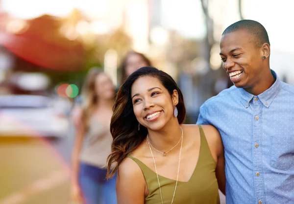 The sweetest days of love. Shot of two happy young couples taking a walk through the city. — Stock Photo, Image