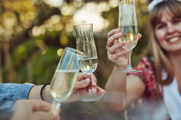 Its a beautiful day to celebrate and have champagne. Cropped shot of unrecognizable women toasting with champagne at a tea party outside. — Stock Photo, Image