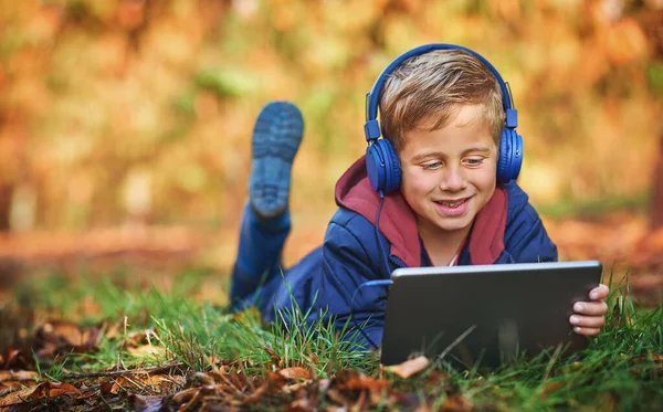 享受他在户外的时光。秋天，一个可爱的小男孩坐在户外用平板电脑拍摄的全景照片. — 图库照片