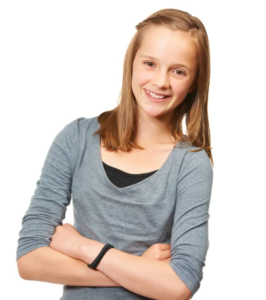 Carefree youth. Studio portrait of a young teenage girl standing against a white background. — Stock Photo, Image